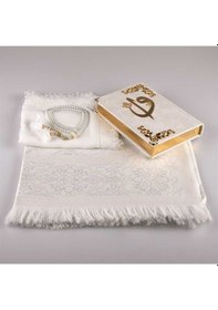 Resim Şal + Seccade + Tesbih + Kuran Set Hafız Boy Kadife Beyaz 