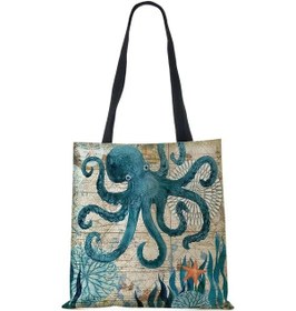 Resim Linchen Kadınlar İçin Eko Keten Tote Çanta - At, Kaplumbağa, Ahtapot Baskılı Omuz Çantasıbej Bej 