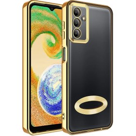 Resim Fibaks Galaxy A04S/M13 Kılıf Kamera Lens Korumalı Şeffaf Renkli Logo Gösteren Parlak Kapak Gold 