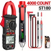 Resim Test kalemi dahil akım ölçer ile ST180 4000 sayım multimetre kiti, bir flaşör ile birlikte, buzzerli, akım, gerilim, kapasitans, direnci ölçebilen, NVC algılama, diyot süreklilik ve AC akım için görev döngüsü ölçebilen ancak DC'yi desteklemeyen bir flaşör ile birlikte. 