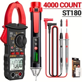 Resim Test kalemi dahil akım ölçer ile ST180 4000 sayım multimetre kiti, bir flaşör ile birlikte, buzzerli, akım, gerilim, kapasitans, direnci ölçebilen, NVC algılama, diyot süreklilik ve AC akım için görev döngüsü ölçebilen ancak DC'yi desteklemeyen bir flaşör ile birlikte. 
