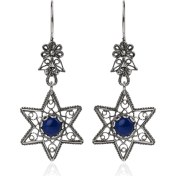 Resim Filigran Silver 925 Ayar Gümüş Otantik El Işçiliği Telkari Doğal Lapis Lazuli Taşlı Kadın Yıldız Küpe 