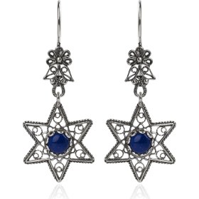 Resim Filigran Silver 925 Ayar Gümüş Otantik El Işçiliği Telkari Doğal Lapis Lazuli Taşlı Kadın Yıldız Küpe 