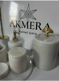Resim Akmera Elite 7 Parça %100 Gerçek Mermer Banyo Seti Altın - Beyaz 