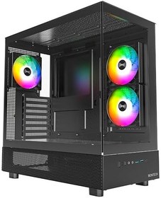 Resim MONTECH XR, ATX Mid-Tower PC Oyun Kasası, 3 x 120mm ARGB PWM Fanlar Önceden Yüklenmiş, Tam Görünüm Çift Temperli Cam Panel, Ahşap Tahıl Tasarım G/Ç Arabirimi, 4090 GPU'ları Destekleyin, 360mm Radyatör 