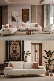 Resim Velura Home & Living Berina Koltuk Takımı 3 3 1 1 & Mekanizmalı Genişleyebilir Yataklı Koltuk - Beyaz Bukle Kumaş 