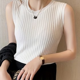 Resim Kadınların Zarif Ribbed Kolsuz Yelek - Şık Crew Boyun, Düz Renk, Hafif ve Nefes Alabilir, Bahar/Yaz/Sonbahar için Mükemmel, Rahat veya Şık Kıyafetler için, Mevsimsel Moda, Şık Tasarım, Rahat Uygunluk 