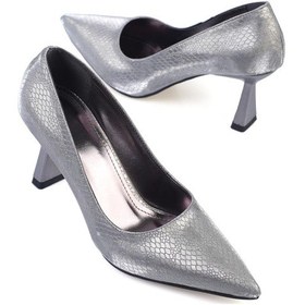 Resim Shoetek Luana Kadın Stiletto Kroko Desenli Topuklu Ayakkabı Platin Simli PLATİN SİMLİ 