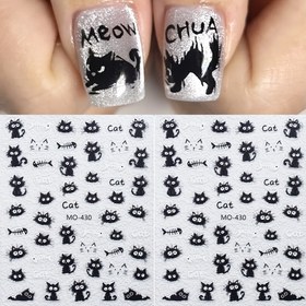 Resim 2 adet Sevimli Karikatür Hayvan Tırnak Stickerleri - Siyah Kedi, Beyaz Kedi, Balık Kemeri Tasarımı, Kendinden Yapışkanlı, Parlak Bitiş, Bahar ve Yaz Manikürleri için Mükemmel, Tırnak Sanatı Dekoru | Eğlenceli Hayvan Tasarımı | Parlak Bitiş Stickerleri, Tırnak Süslemeleri 