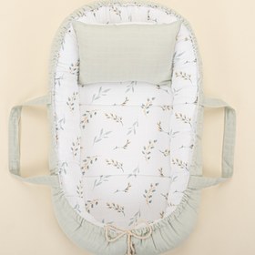 Resim Babynest ve Yastık - Çift Taraflı - Açık Yeşil Muslin - Yapraklar 