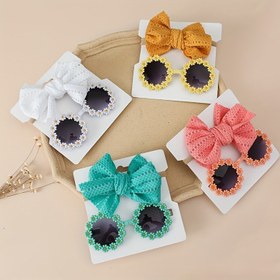 Resim 2'li Sevimli Kız Çiçekli Yuvarlak Moda Gözlükler ve Fiyonklu Saç Bandı Seti - Renkli, Dayanıklı Plastik Çerçeveler Günlük Kıyafetler İçin 