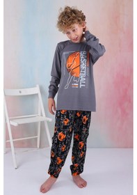 Resim Yeni Sezon Erkek Çocuk Gez Garson Basketball Uzun Kollu Pamuk İnterlok Pijama Takımı 5154-füme Füme 