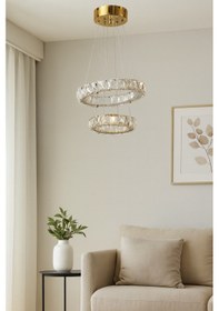 Resim Alfa Gold Kristal Taşlı 3 Renk Işıklı Modern Salon Avize Gold 