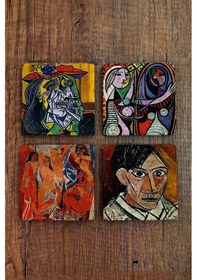 Resim Doğal Taş Bardak Altlığı Uv Baskılı 4'lü Set - Pablo Picasso Eserleri Baskılı - Stone Coasters Çok Renkli 