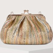Resim 1 Adet Kadın Dokuma Katlanabilir Çizgili Bulut Desenli Clutch Çanta - Renk Bloklu Haki & Çok Renkli, Çıkarılabilir Omuz Askısı ve Toka Kapatma, Dayanıklı Polyester, Şık Tatil Seyahat Plaj Çantası, Katlanabilir Seyahat Çantası 