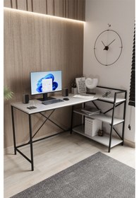 Resim Beyaz/siyah Çift Yöne Uygun, Kitaplıklı, Raflı, Çalışma Masası, Bilgisayar Masası, L Masa - Bs-l Beyaz - Siyah 