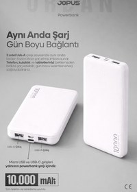 Resim Jopus 10000mAh Powerbank - Led Işık Göstergeli - Taşınabilir Şarj Cihazı - Beyaz JP-P10 