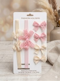 Resim Laria Bebek Çocuk Saç Aksesuar Seti - 2 Adet Dantel Bandana & 4 Adet Fiyonk Toka 
