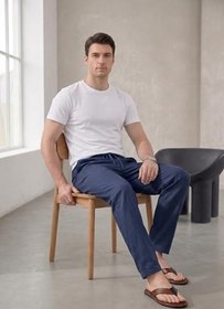 Resim TheSeason Erkek Pamuklu Keten Görünümlü Beli Bağcıklı Relaxed Fit Yazlık Pantolon 