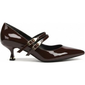 Resim Destini Kısa Topuklu Parlak Rugan Stiletto Kahverengi 