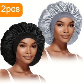 Resim 2 Adet Kadınlar İçin Moda Geniş Saten Bonnet Geniş Elastik Bantlı - Yumuşak, Pürüzsüz Uyku Kapağı Kıvırcık ve Düz Saçlar İçin, Günlük Kullanım ve Spor İçin İdeal, Uyku Bonnet 
