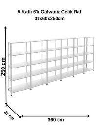 Resim 5 Katlı 6 Lı Bitişik Galvaniz Çelik Raf. Depo, Dosya Raf 31x360x250 Cm Gri 
