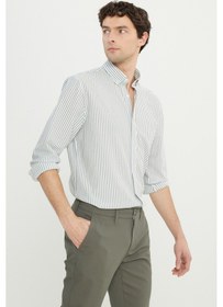 Resim Erkek Hakı Pamuklu Oxford Comfort Fit Rahat Kesim Düğmeli Yaka Çizgili Gömlek Hakı 