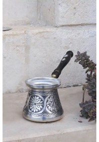 Resim Bakır Cezve Sedef Kulplu Oyma Nakış İşleme Gümüş Renk 7 Kişilik 