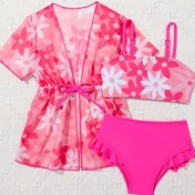 Resim Çiçek Desenli 3 Parça Kız Mayo, Taze ve Şirin Ayarlanabilir Bikini Mayo + Kimono Hırka, Havuz Deniz Kenarı Plaj Tatil Mayo 