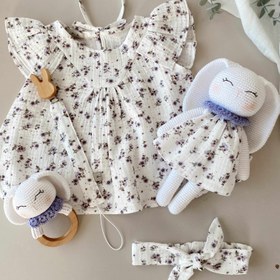 Resim Amigurumi Lila Çiçekli Tavşan Deluxe Bebek Seti - 5 Parça Deluxe Bebek Seti 