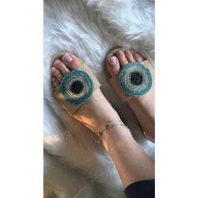 Resim Nazar Boncuğu Hasır Detay Düz Şık Terlik 