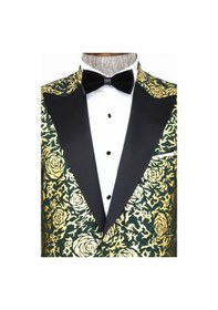 Resim Wessi Gold Gül Desenli Slim Fit Yeşil Erkek Smokin Ceket Yeşil 