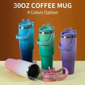 Resim 30oz Gradyan Tüple, Yüksek Estetik Taşınabilir Vakum Yalıtımlı Kahve Fincanı, 304 Paslanmaz Çelik, Büyük Kapasite, Araba Kupası ile Kulplu, 4 Renk Seçeneği 