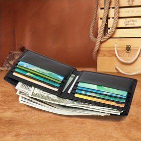 Resim MASIWEI Erkekler için Şık Siyah Hakiki Deri Cüzdan - RFID Engelleme, Çok Kartlık Katlanabilir, Basit 