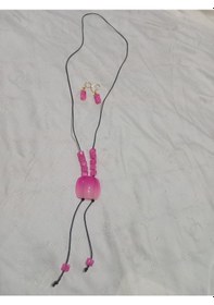 Resim Deri İpe Yapılmış Pembe Uçlu Modern Y Kolye Ve Küpe Takımı Pembe 