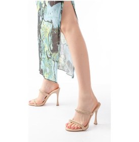 Resim A-50 Kadın Bej Rugan Taşlı Platformlu Topuklu Terlik Renksiz 