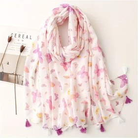 Resim Kadınlar için El Yapımı Püsküllü Şık Pembe Kelebek Baskılı Eşarp - Hafif Polyester Gazlı Şal, Nefes Alabilir & Güneş Koruyucu, Dış Mekan Etkinlikleri İçin İdeal 