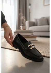 Resim Enoch Kadın Baget Kesim Kristal Taşlı Gold Tokalı Klasik Loafer Siyah 