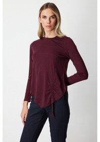 Resim On Fashion On Asimetrik Kesim Yanı İpli Büzgülü Detaylı Sıfır Yaka Bluz Bordo 