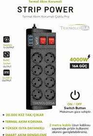 Resim TeknolojiSA 8’li Akıllı Çoklu Priz | 4000W Güç | Termal Koruma | 3 USB | 2m Kablo 