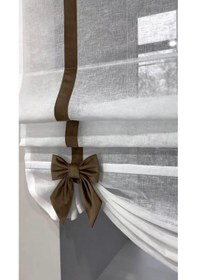 Resim Katlamalı Keten Tül Perde Biyeli Ve Fiyonk Detaylı Özel Tasarım Kahverengi 