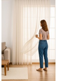 Resim Keten İçeren Tül Perde Doğal Natural Ütü İstemez Salon Oturma Odası Yatak Odası Antre Krem 