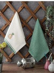 Resim 2 Li Mutfak Havlusu Seti - Mint Yeşili Ananas Nakışlı Pamuk Kurulama Bezi - 40x60 Cm Mint Yeşili 