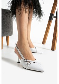 Resim Albishoes Çift Toka Detaylı Arkası Açık Rugan Sivri Burun 8 Cm Ince Topuklu Stiletto Kadın Ayakkabı Beyaz 