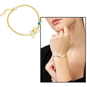 Resim Beyaz Zirkon Taşlı Gold Renk Kelebek Tasarım Nazar Boncuğu Detayl 