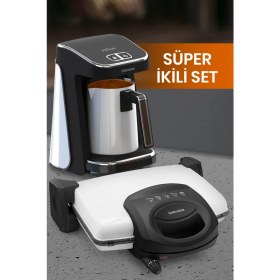 Resim Goldmaster Süt Beyazı Avantajlı 2'li Set Paketi Çelik Türk Kahve Makinesi Tost Izgara Makinesi 