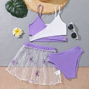 Resim Üç Parça Kız Sevimli Bikini Seti, Çapraz Omuzlar ve Mor Kelebek Baskılı Şeffaf Tül Etek Plaj ve Deniz Kenarı Kıyafeti 