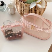 Resim Büyük Kapasiteli Madeni Para Cüzdanı Ruffle Mesh Çanta Kore Stili Kız Mesh Aşk Nakışlı Taşınabilir Değişim Depolama Çantası Sevimli Mendil Çantası Makyaj Depolama Çantası 
