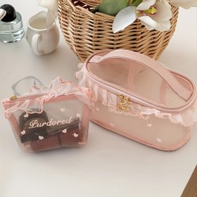 Resim Büyük Kapasiteli Madeni Para Cüzdanı Ruffle Mesh Çanta Kore Stili Kız Mesh Aşk Nakışlı Taşınabilir Değişim Depolama Çantası Sevimli Mendil Çantası Makyaj Depolama Çantası 
