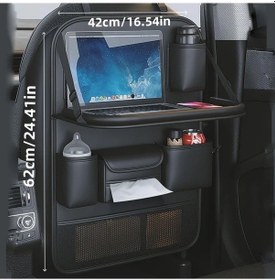 Resim Chuangyinshop Siyah Katlanır Masa Tepsili Tablet Tutucu Otomobil Arka Koltuk Depolama Çantası Büyük Kapasiteli Pu Deri Çok Cepli 